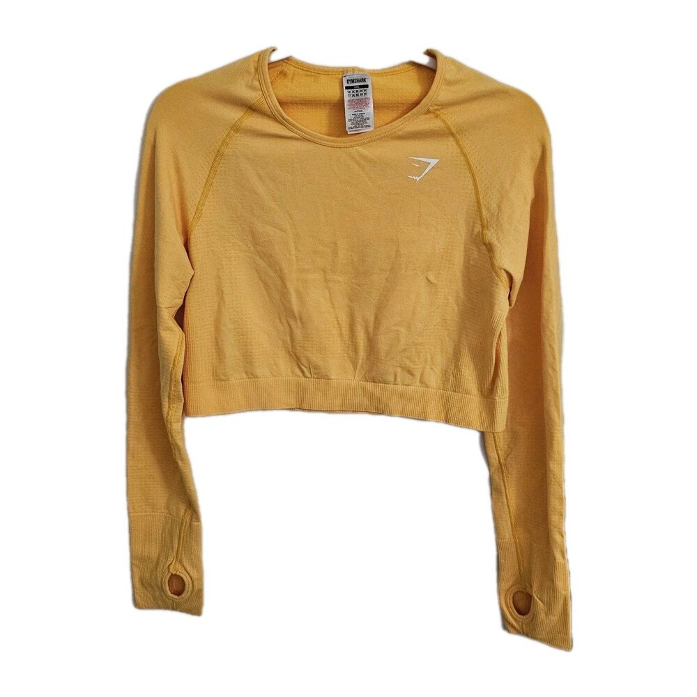 GYMSHARK Vital T-Shirt Women XXL Yellow Long Sleeve Cropped Thumb Holes Seamless